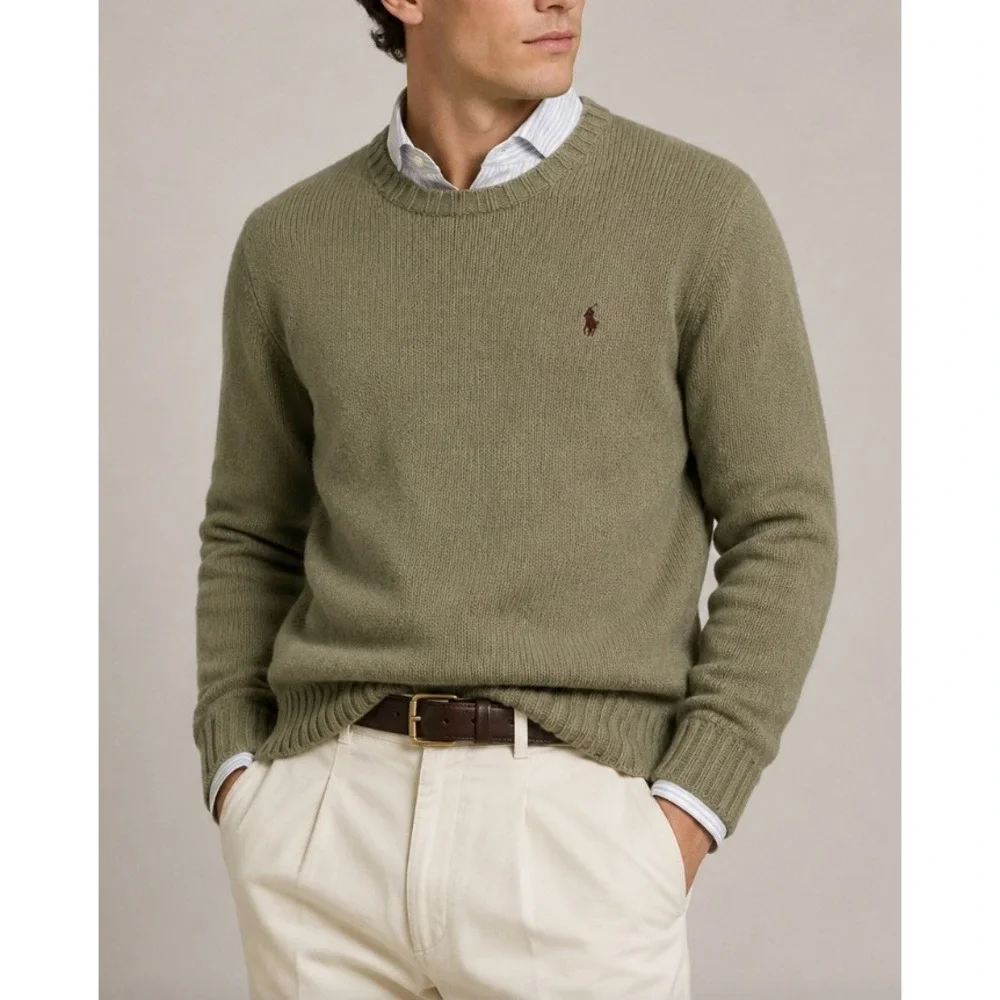 NEW Vtg Polo Ralph Lauren Mens XL Crewneck Sweater Olive Green Cotton Wool